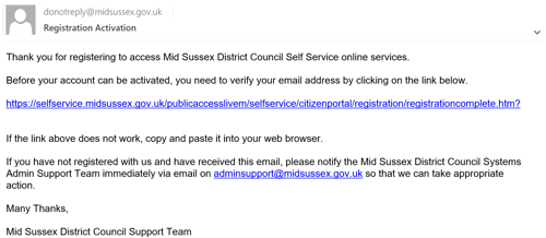 Email showing defaul wording and activation link from Mid Sussex District Council