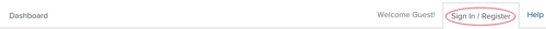"toolbar" of the dashboard, showing a link to "sign in/register"